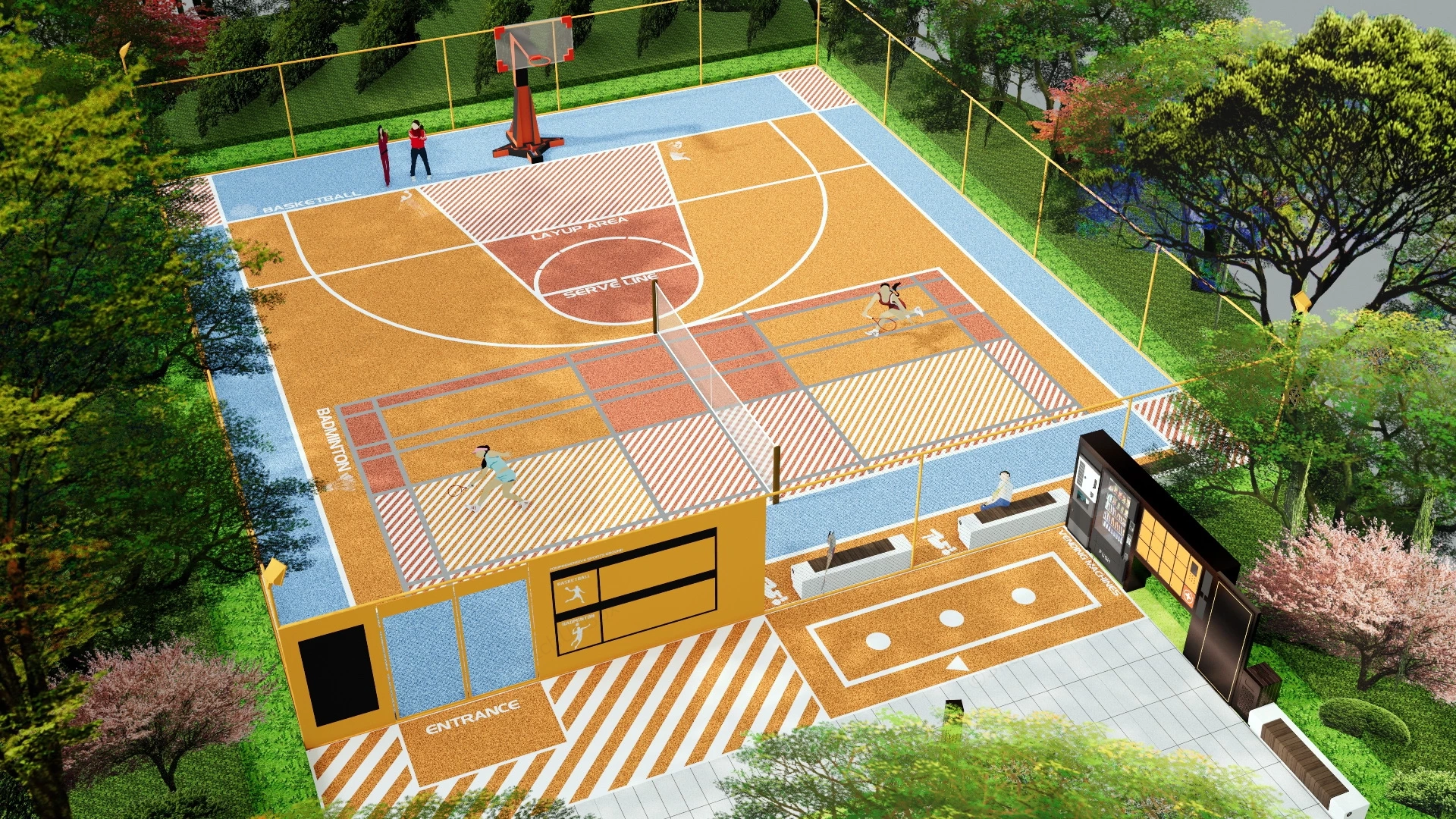 Outdoor Badminton And Basketball Court sketchup model preview - SketchupBox