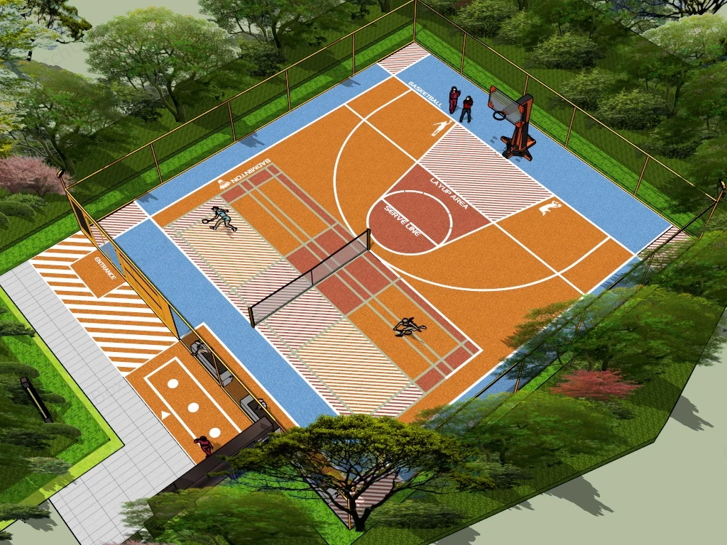 Outdoor Badminton And Basketball Court sketchup model preview - SketchupBox