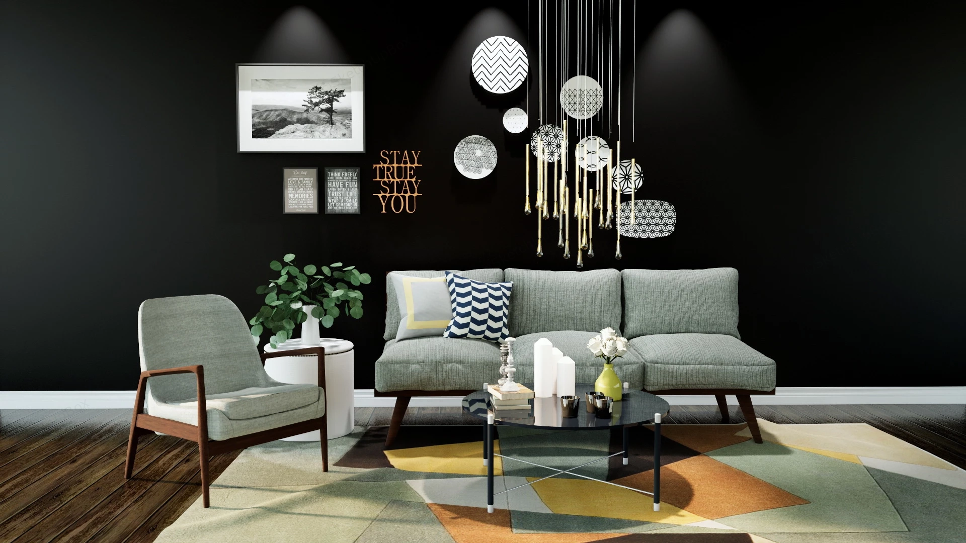 Dark Modern Living Room Decor sketchup model preview - SketchupBox