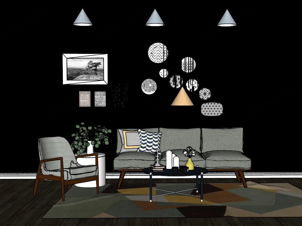 Dark Modern Living Room Decor sketchup model preview - SketchupBox