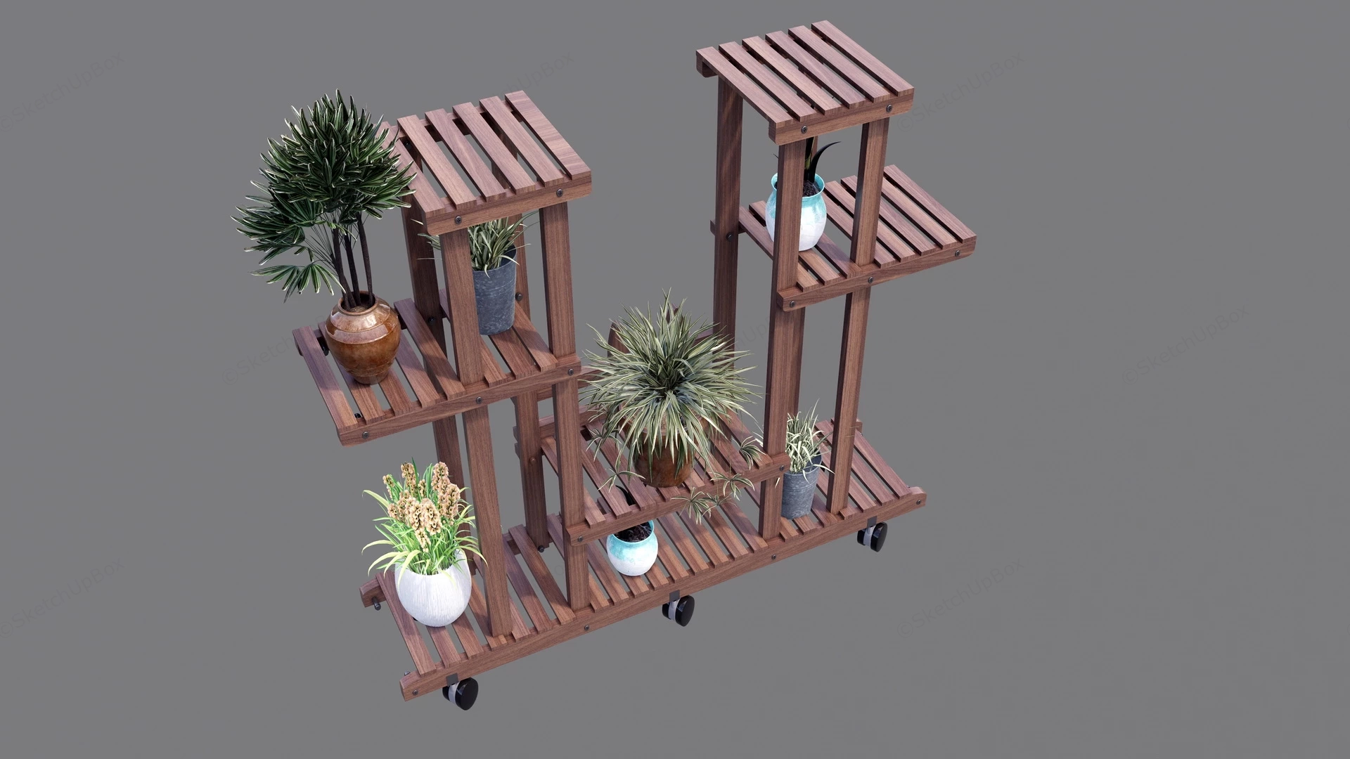 Multi Tier Wooden Plant Stand With Wheels sketchup model preview - SketchupBox