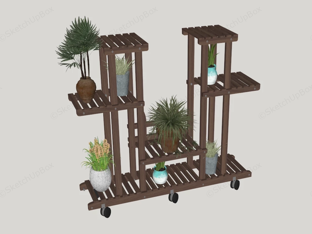 Multi Tier Wooden Plant Stand With Wheels sketchup model preview - SketchupBox