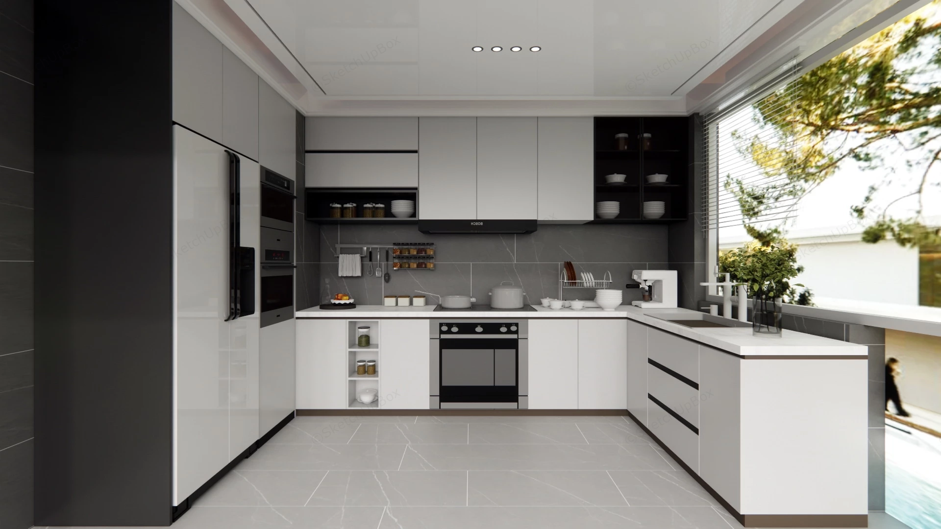 Modern U Shaped White Kitchen sketchup model preview - SketchupBox