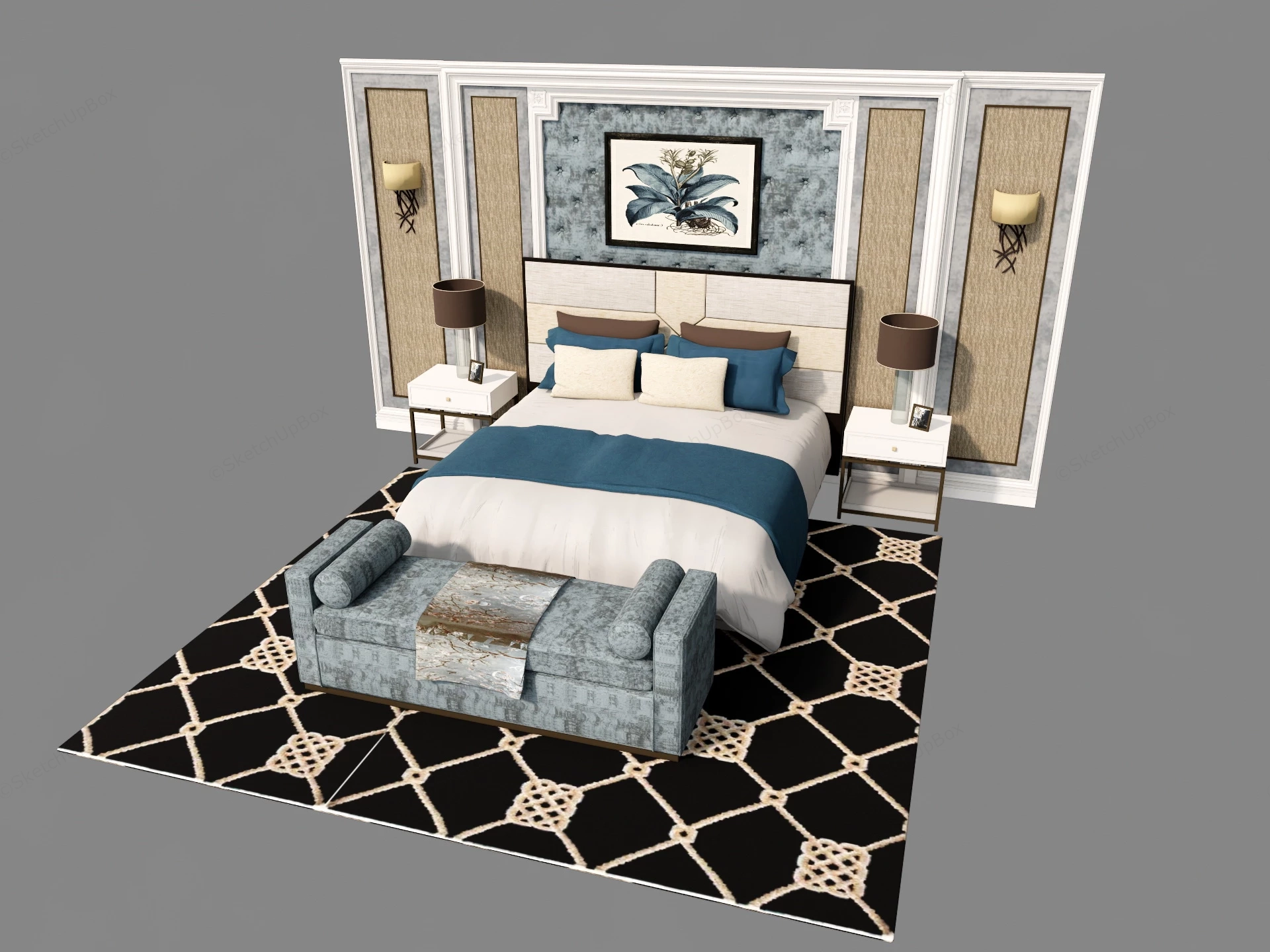 Traditional Bed With Accent Wall sketchup model preview - SketchupBox