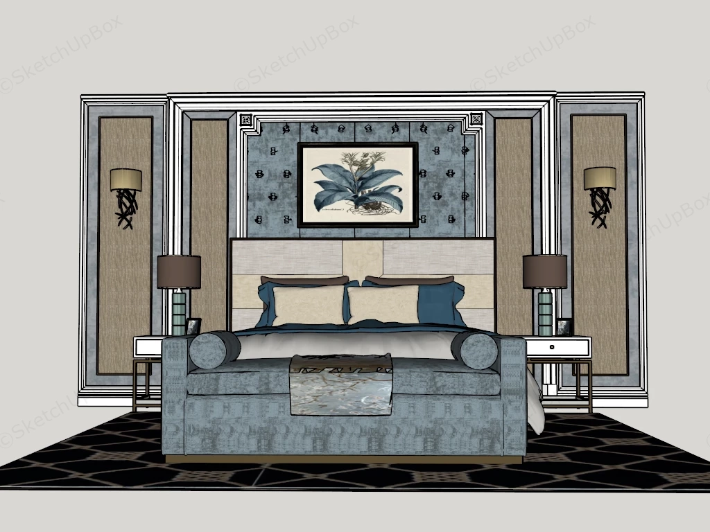 Traditional Bed With Accent Wall sketchup model preview - SketchupBox