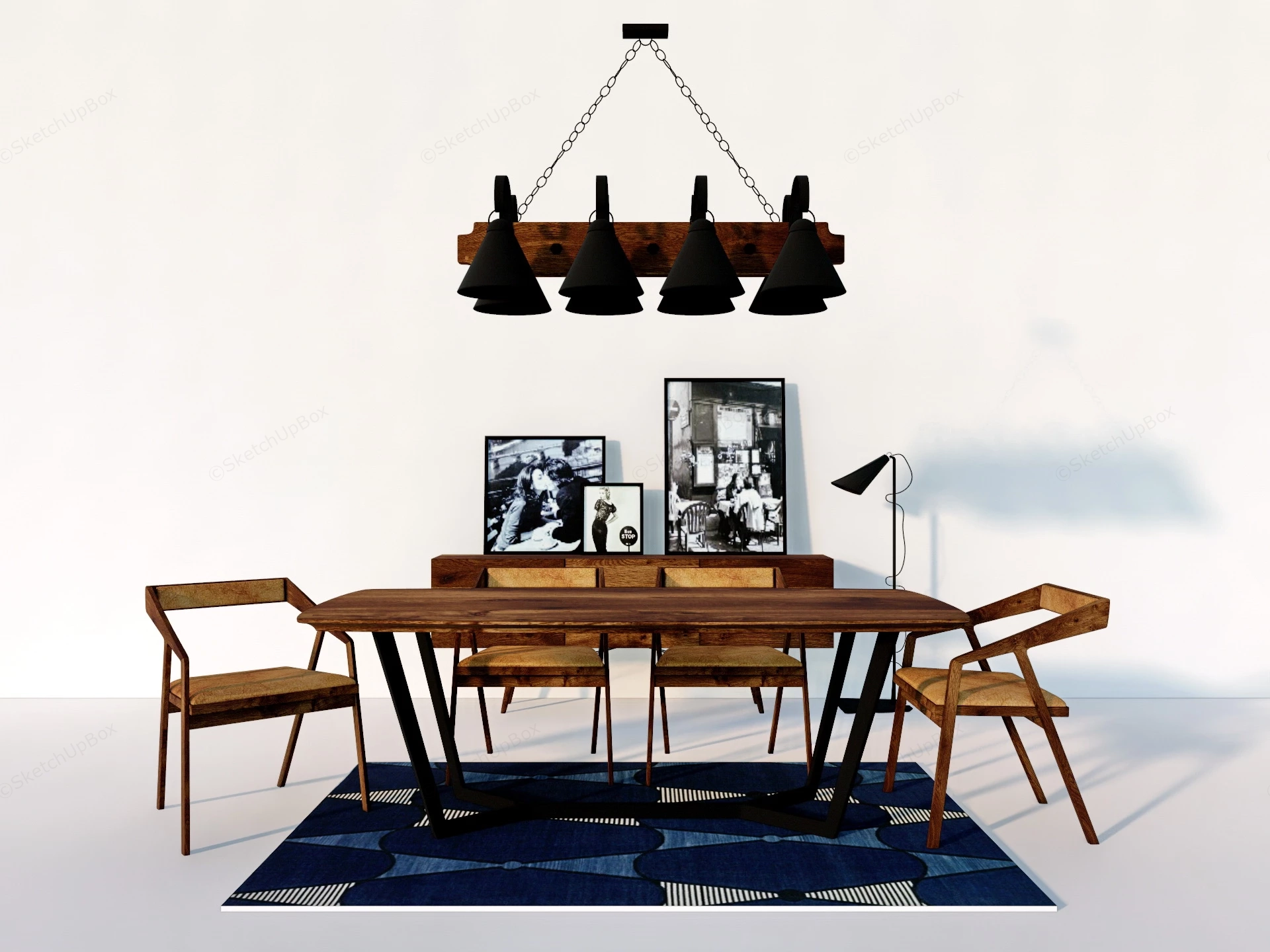 Rustic Wood Dining Room Set sketchup model preview - SketchupBox