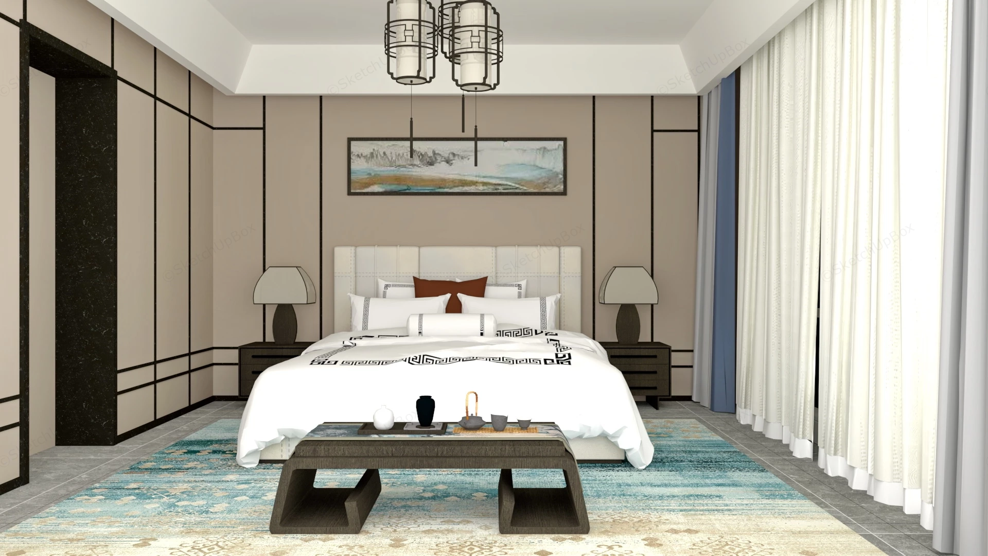 Modern Chinese Bedroom sketchup model preview - SketchupBox