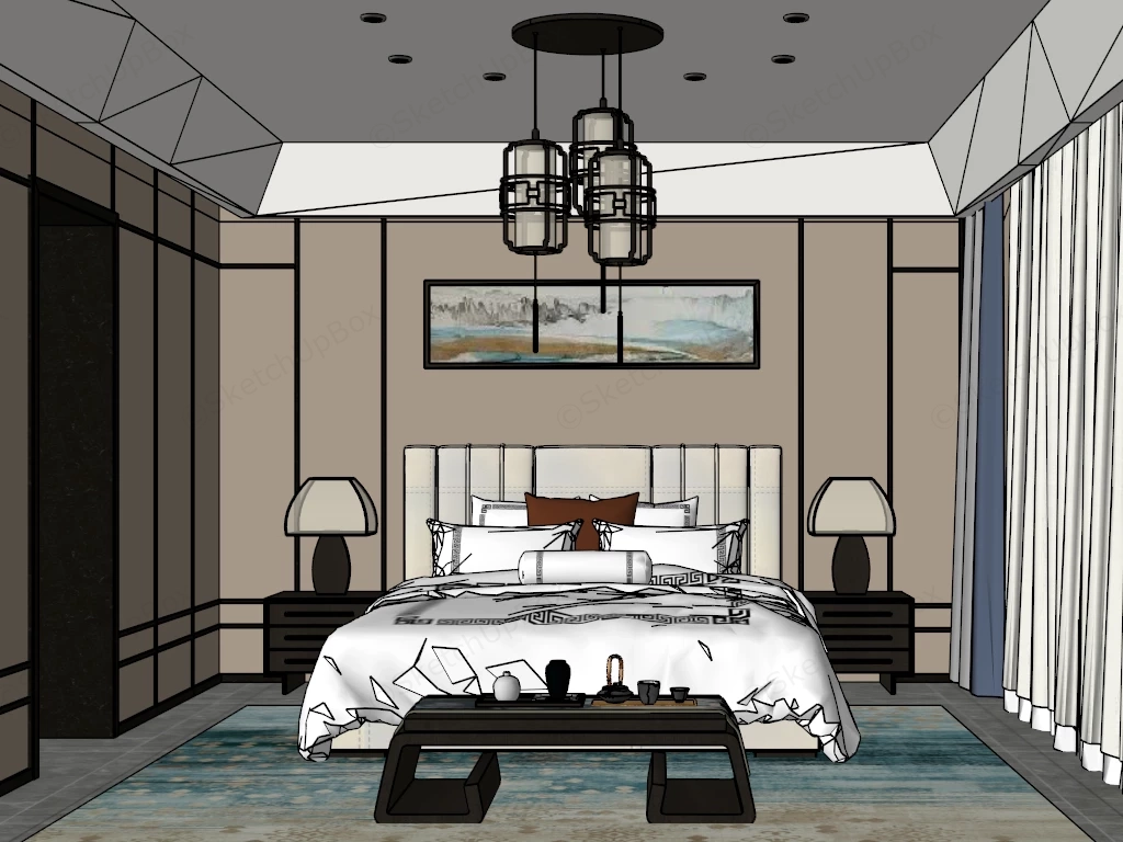 Modern Chinese Bedroom sketchup model preview - SketchupBox