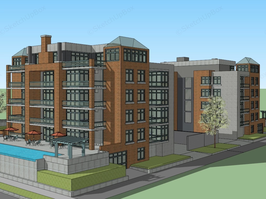 Modern Brick Apartment Buildings sketchup model preview - SketchupBox
