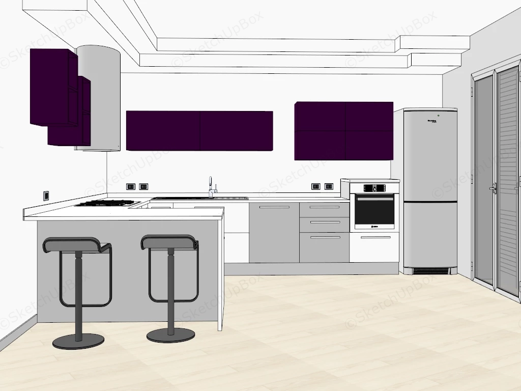 White Kitchen With Breakfast Bar sketchup model preview - SketchupBox