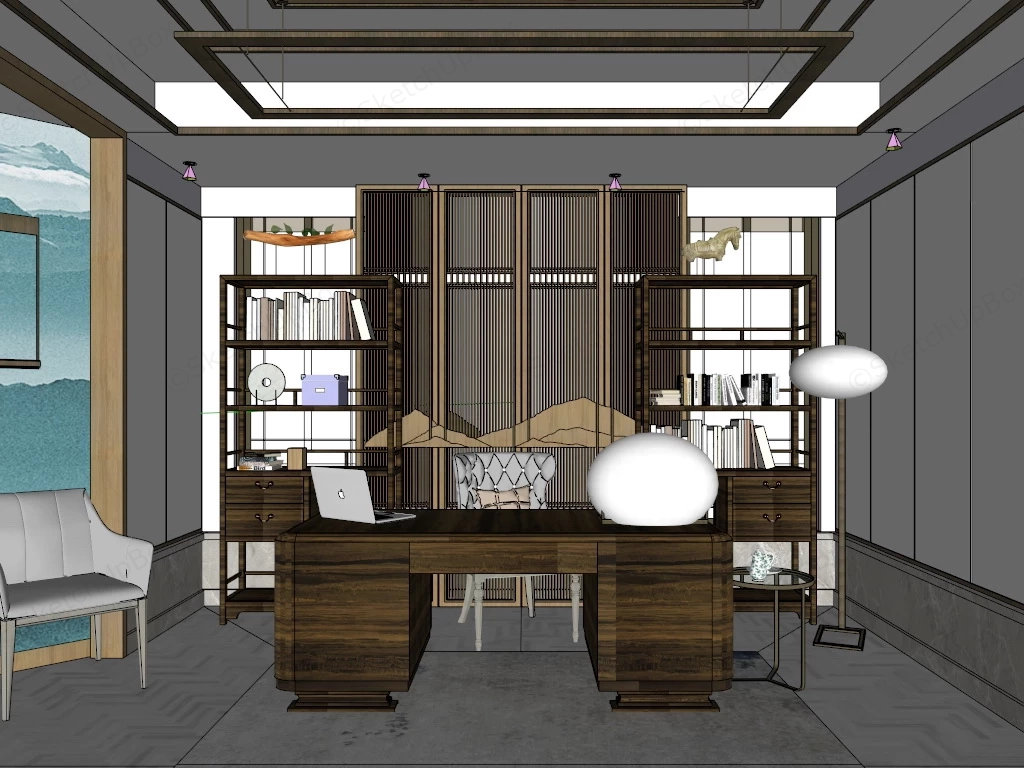Asian Style Home Office sketchup model preview - SketchupBox