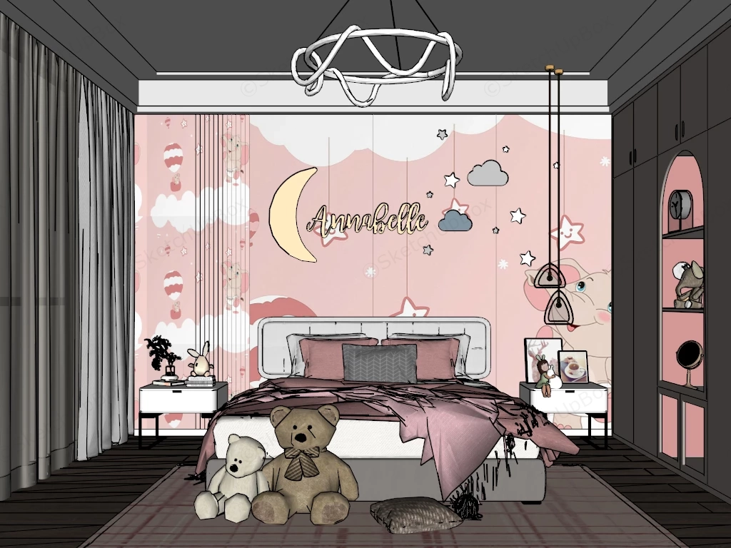 Pink And White Girls Bedroom sketchup model preview - SketchupBox