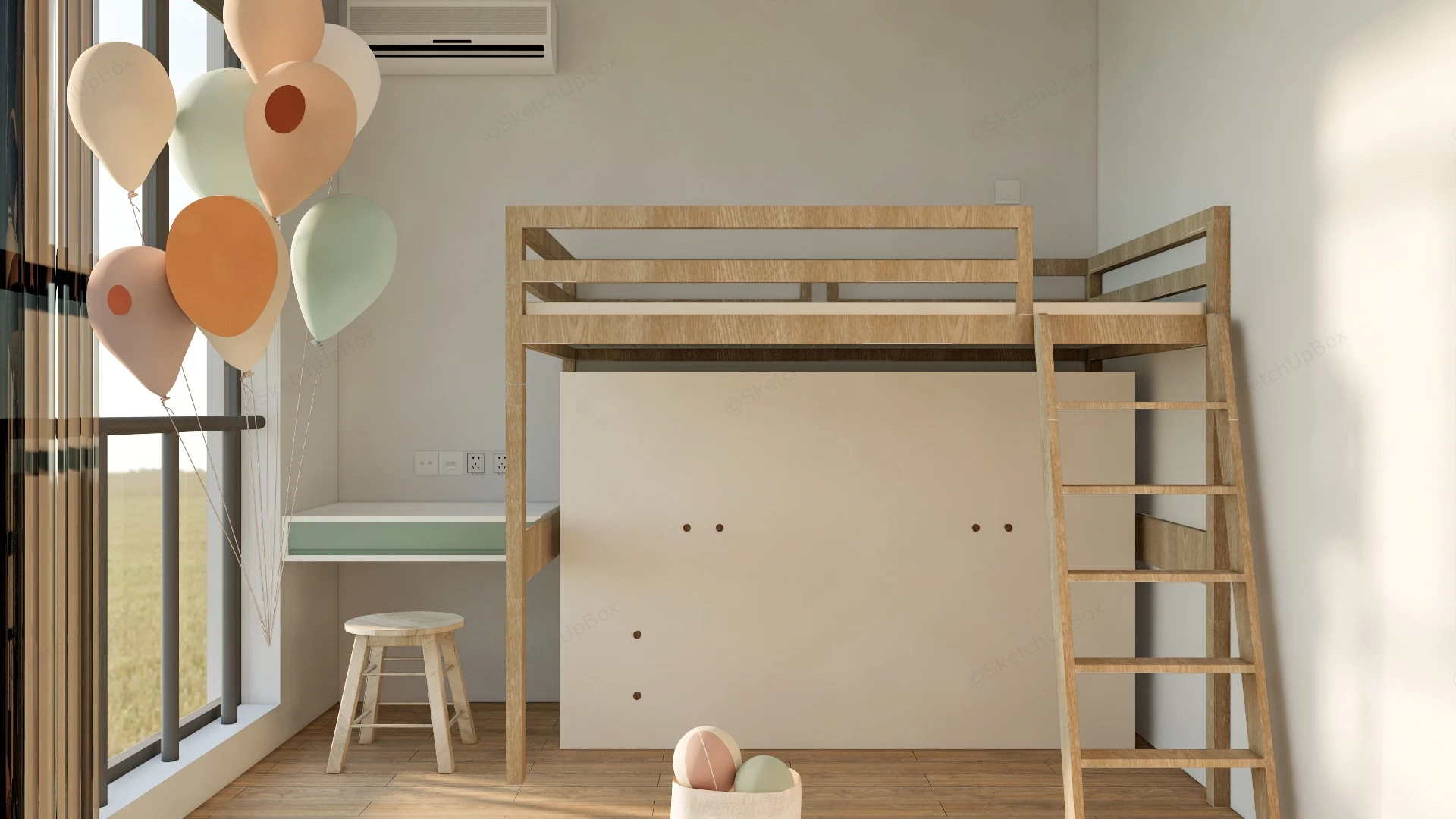 Small Kids Bedroom With Loft Bed sketchup model preview - SketchupBox