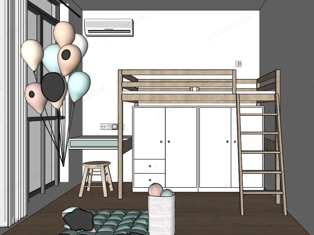 Small Kids Bedroom With Loft Bed sketchup model preview - SketchupBox