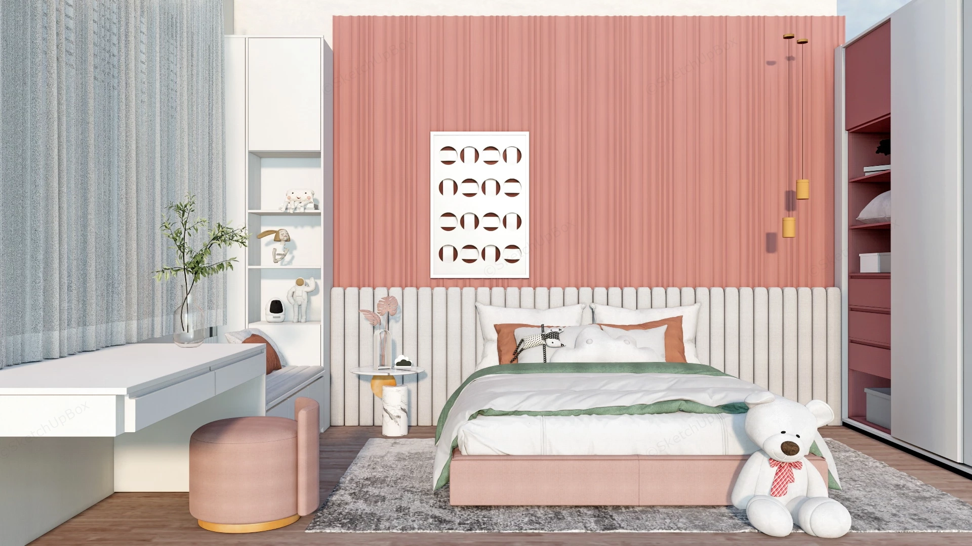 Elegant Pink And White Girls Room sketchup model preview - SketchupBox