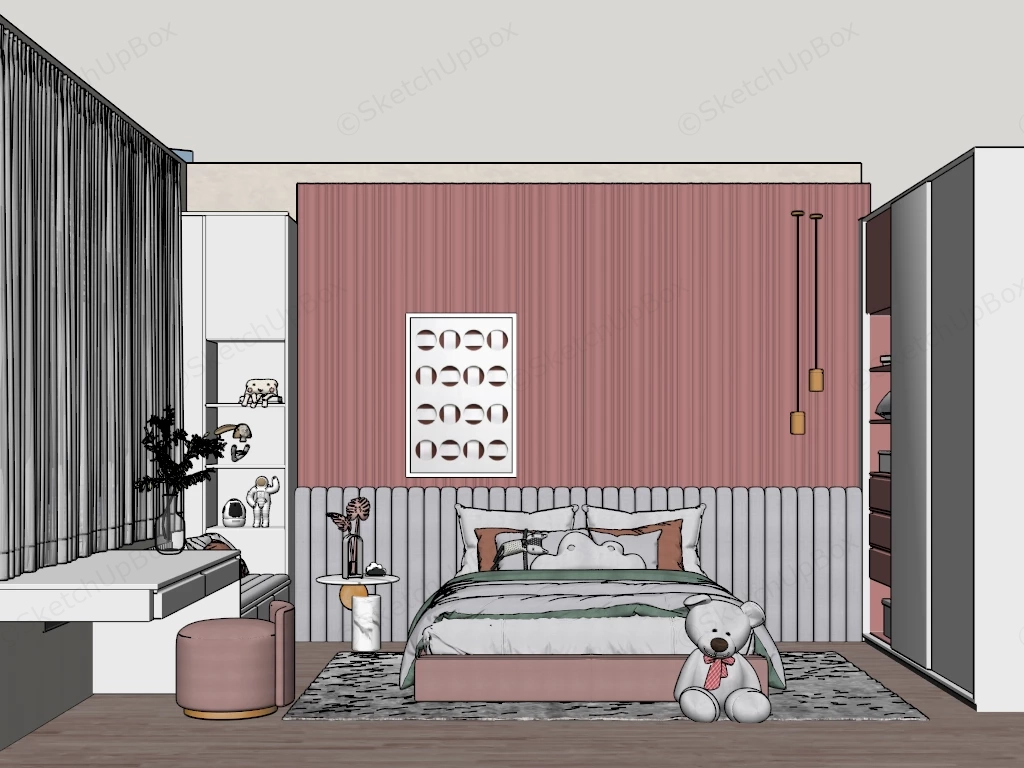 Elegant Pink And White Girls Room sketchup model preview - SketchupBox