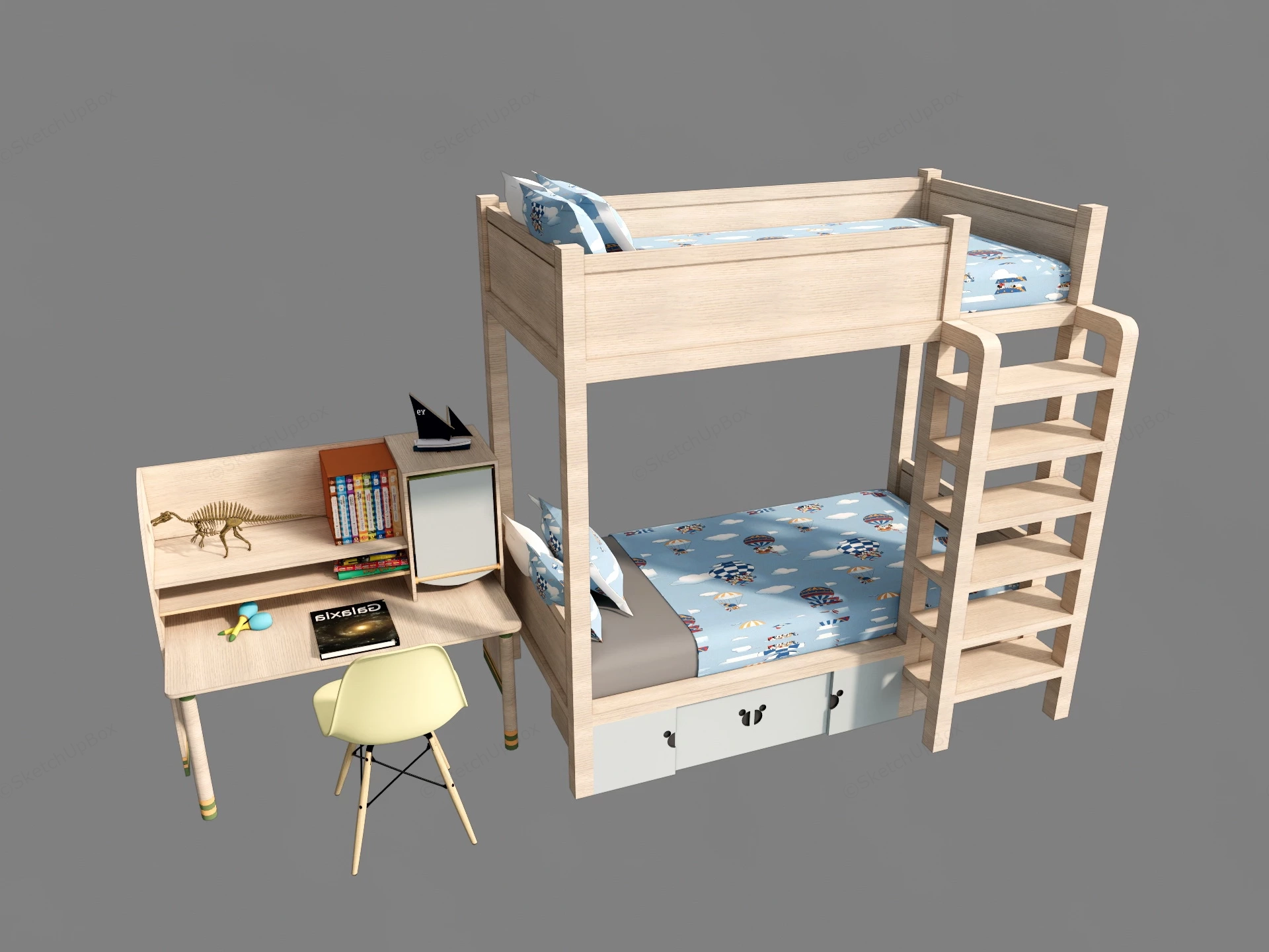 Kids Room Bunk Bed And Desk sketchup model preview - SketchupBox