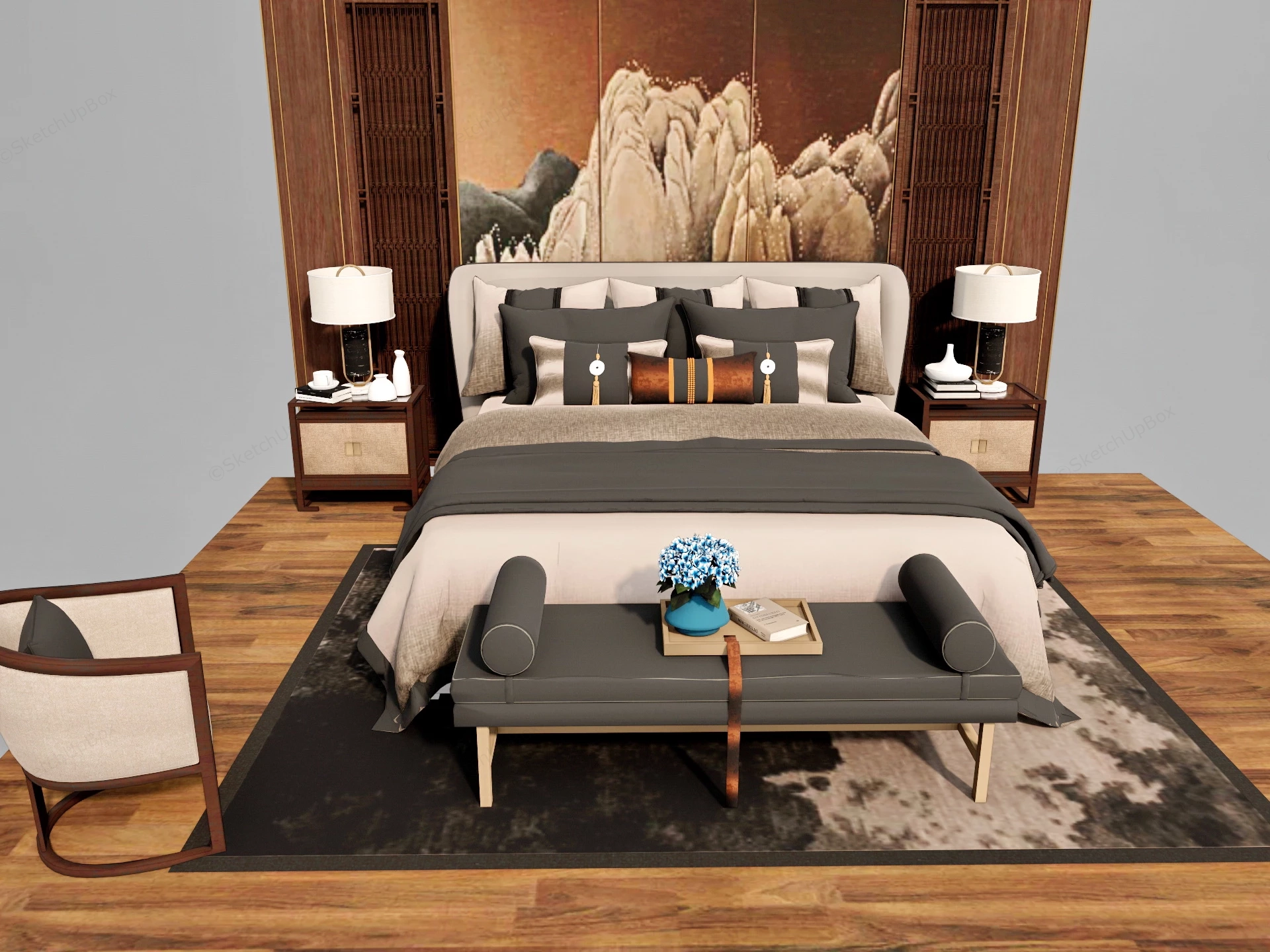 Classic Bed With Accent Wall sketchup model preview - SketchupBox