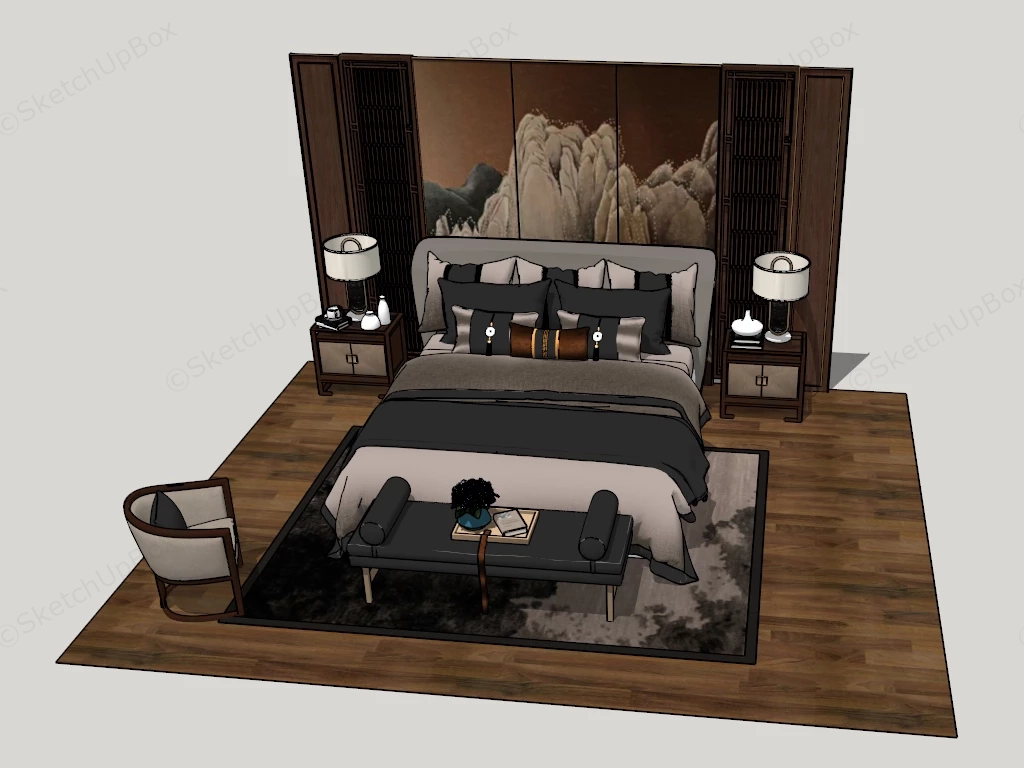 Classic Bed With Accent Wall sketchup model preview - SketchupBox