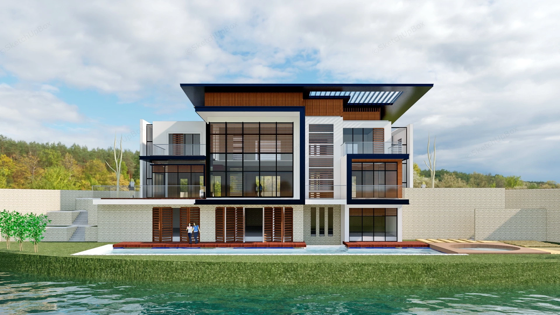 Modern Waterfront House Plan sketchup model preview - SketchupBox