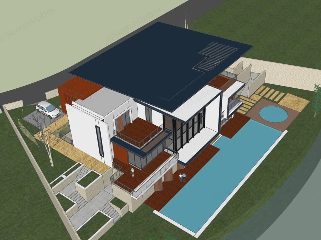 Modern Waterfront House Plan sketchup model preview - SketchupBox