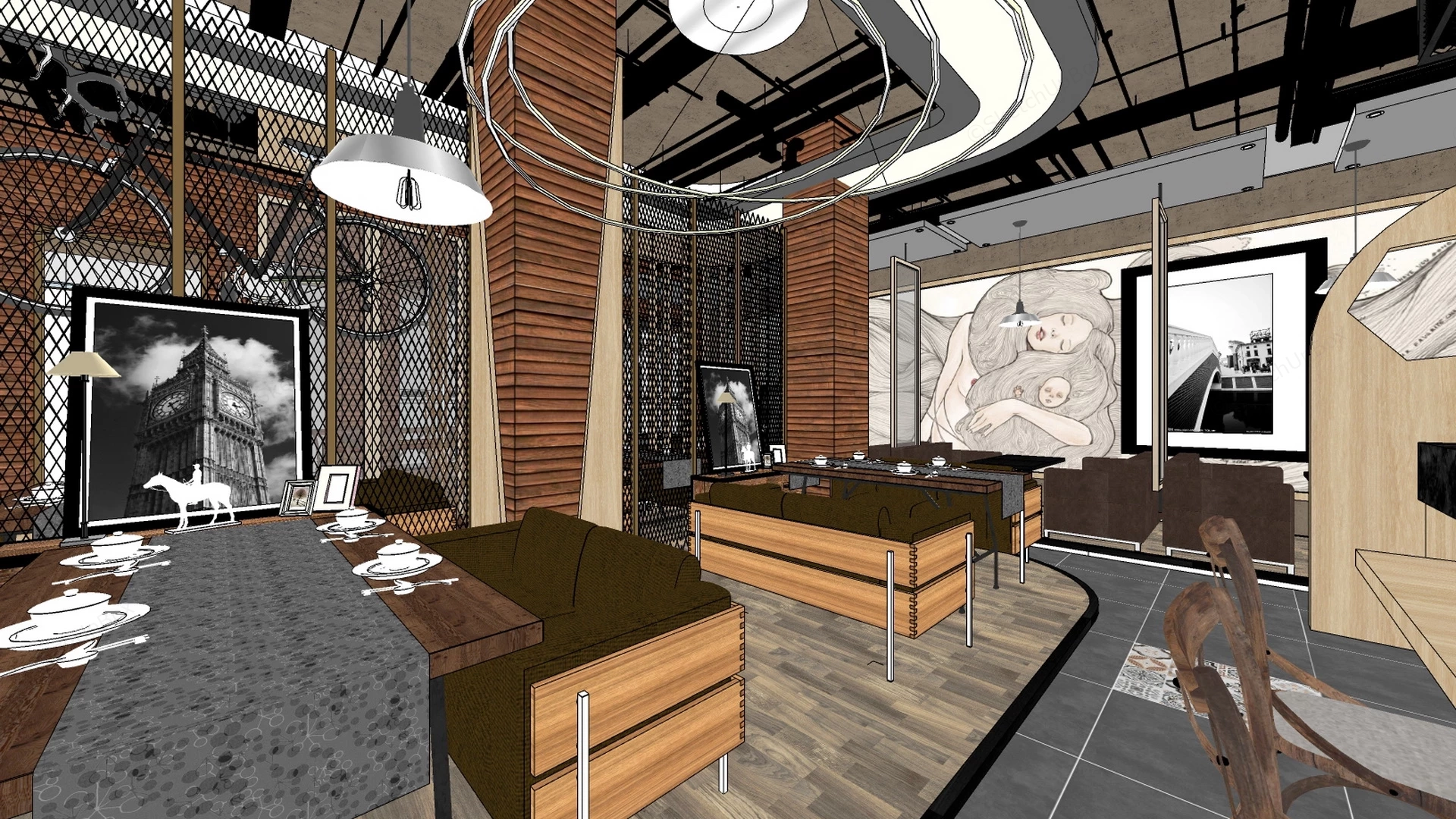 Retro Industrial Restaurant sketchup model preview - SketchupBox