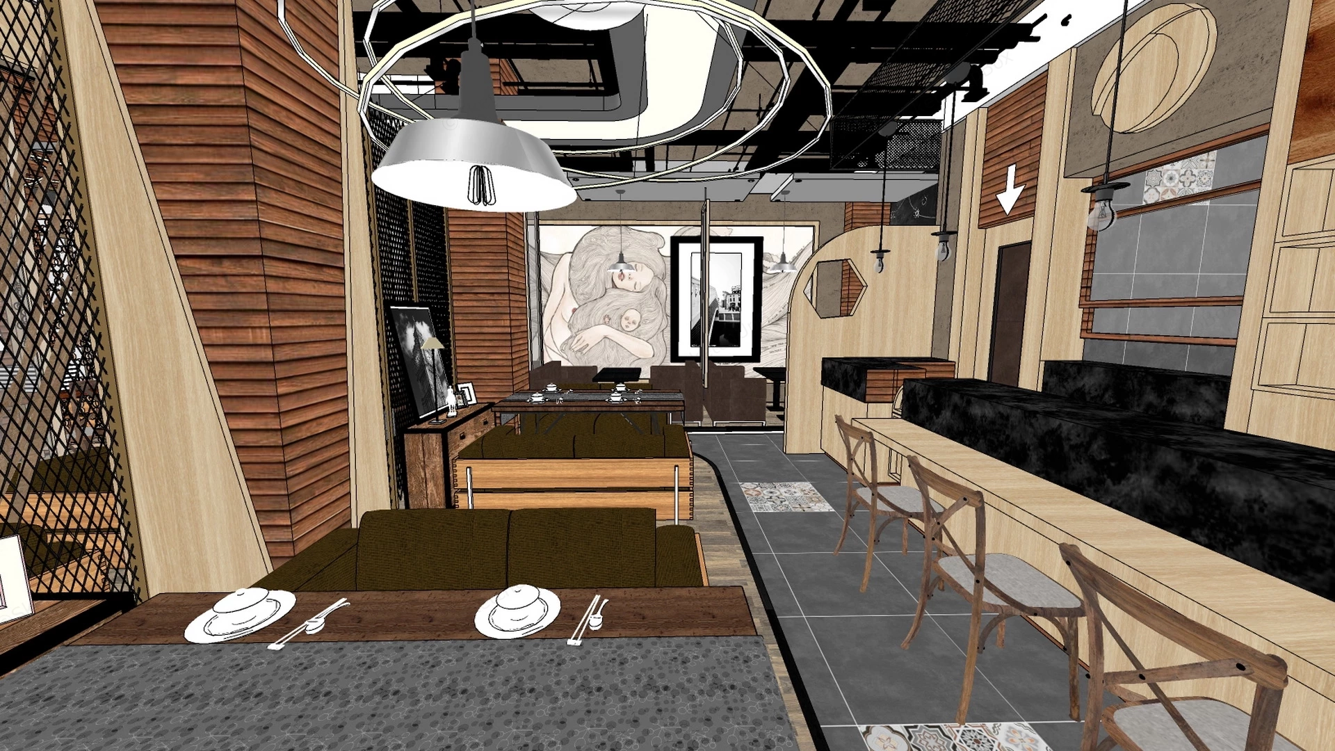 Retro Industrial Restaurant sketchup model preview - SketchupBox