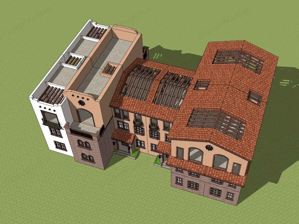 Duplex Spanish House sketchup model preview - SketchupBox