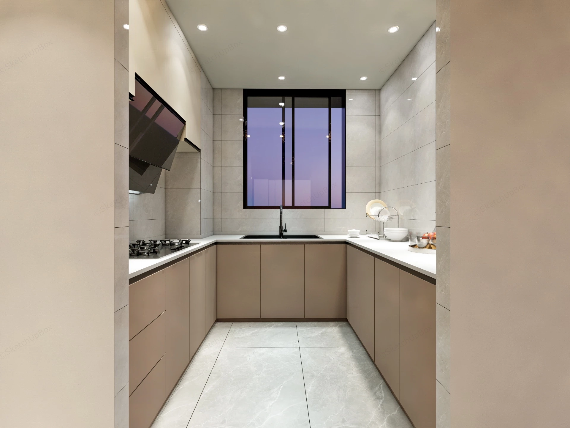 Narrow U Shaped Kitchen sketchup model preview - SketchupBox