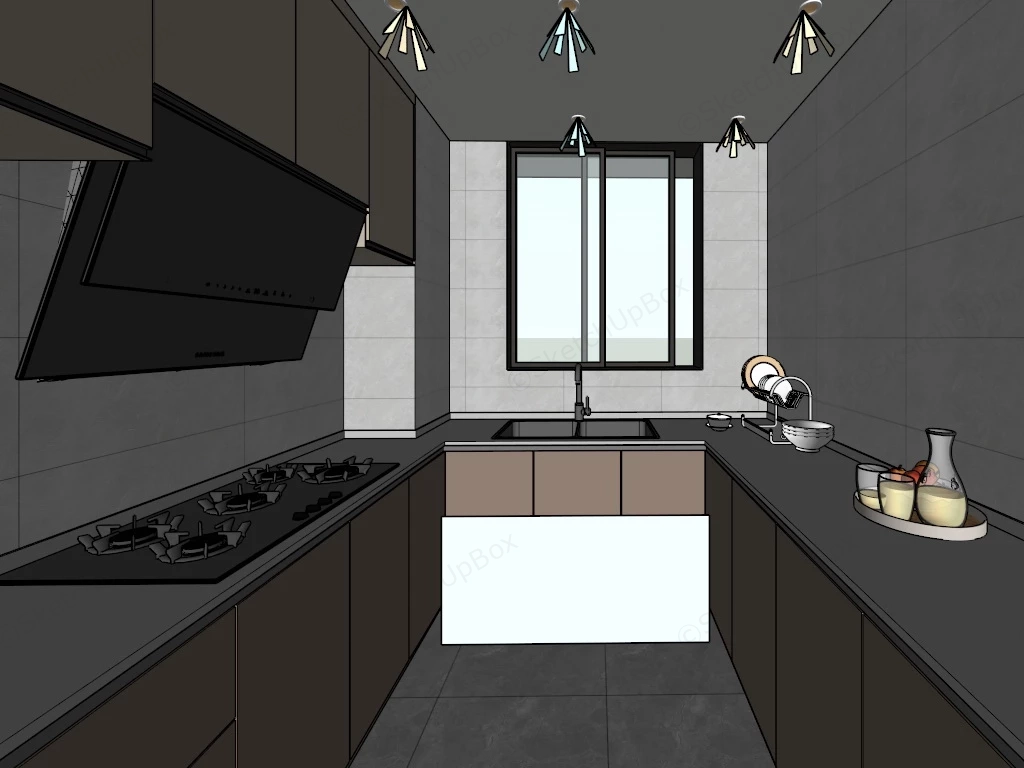 Narrow U Shaped Kitchen sketchup model preview - SketchupBox