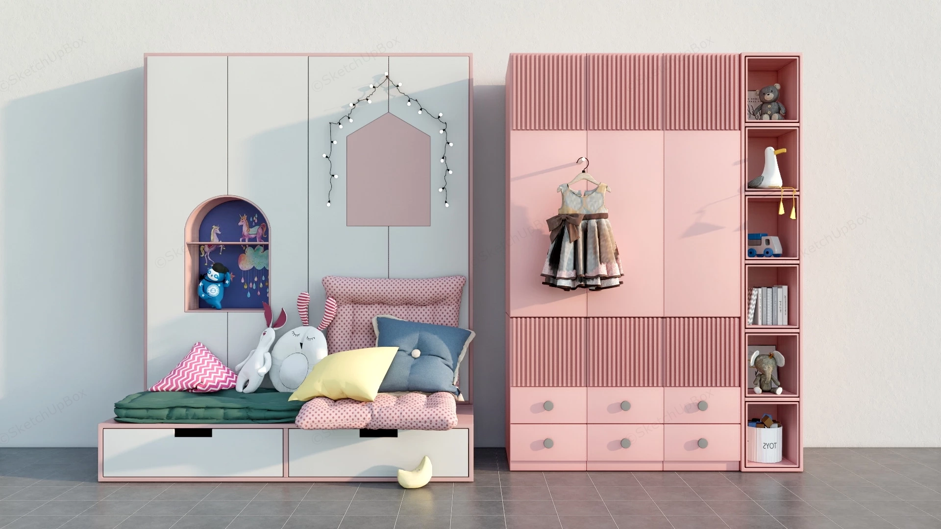 Pink Kids Wardrobe And Sofa sketchup model preview - SketchupBox