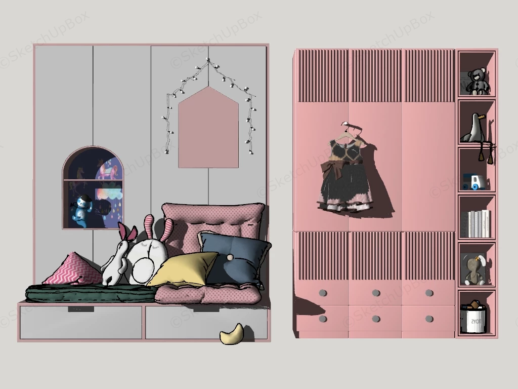 Pink Kids Wardrobe And Sofa sketchup model preview - SketchupBox