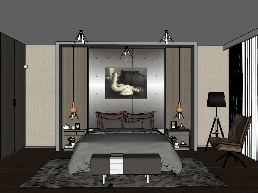 Modern Masculine Bedroom sketchup model preview - SketchupBox