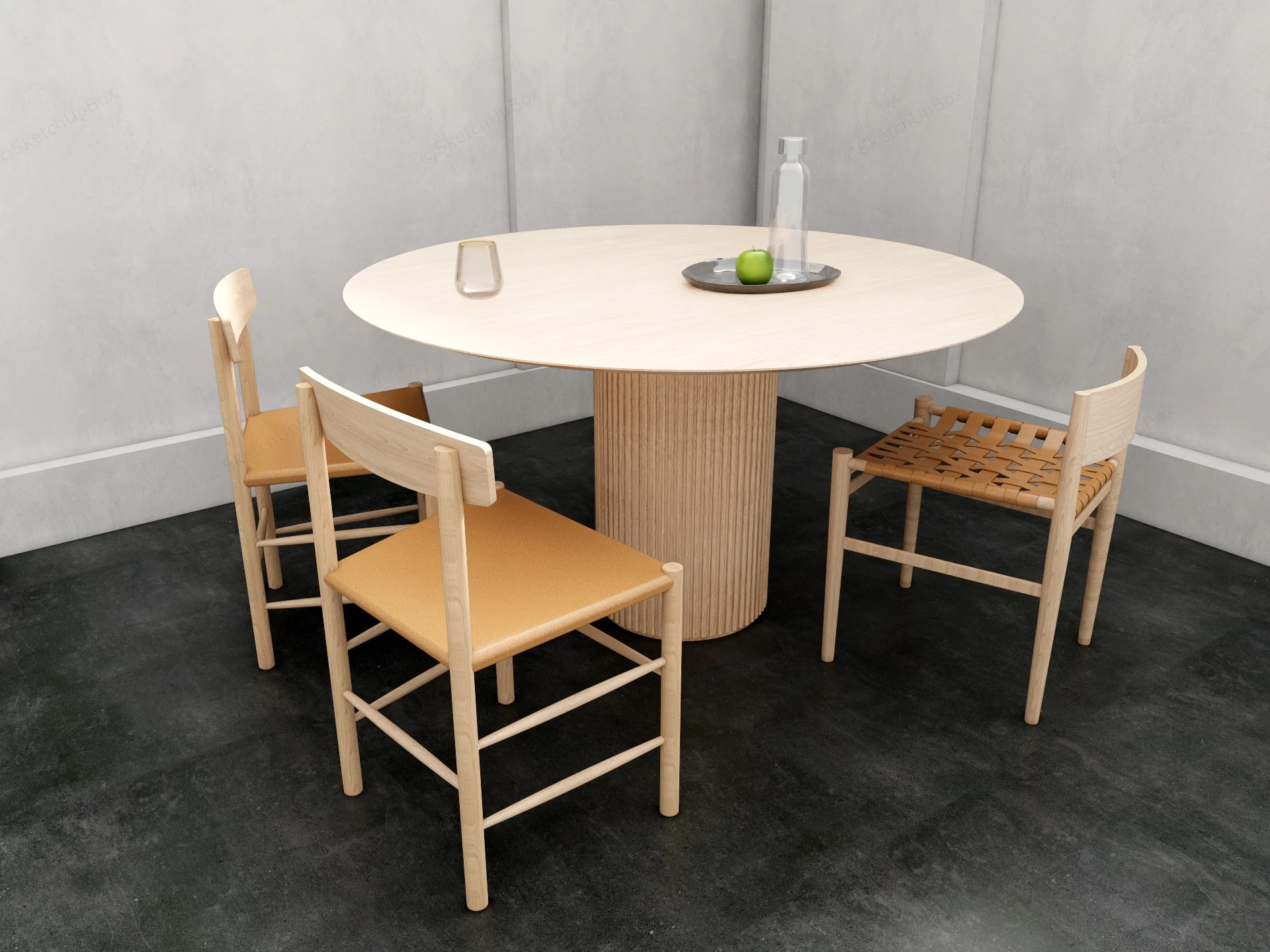 Round Wood Dining Table Set sketchup model preview - SketchupBox