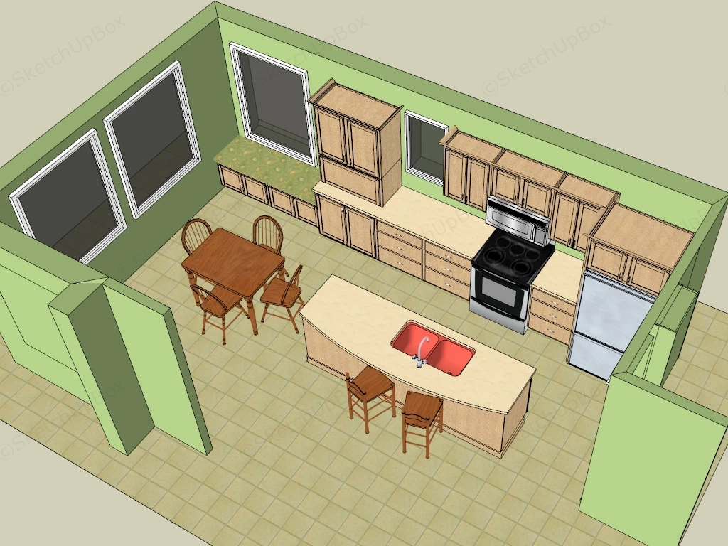 Natural Wood Kitchen With Island sketchup model preview - SketchupBox