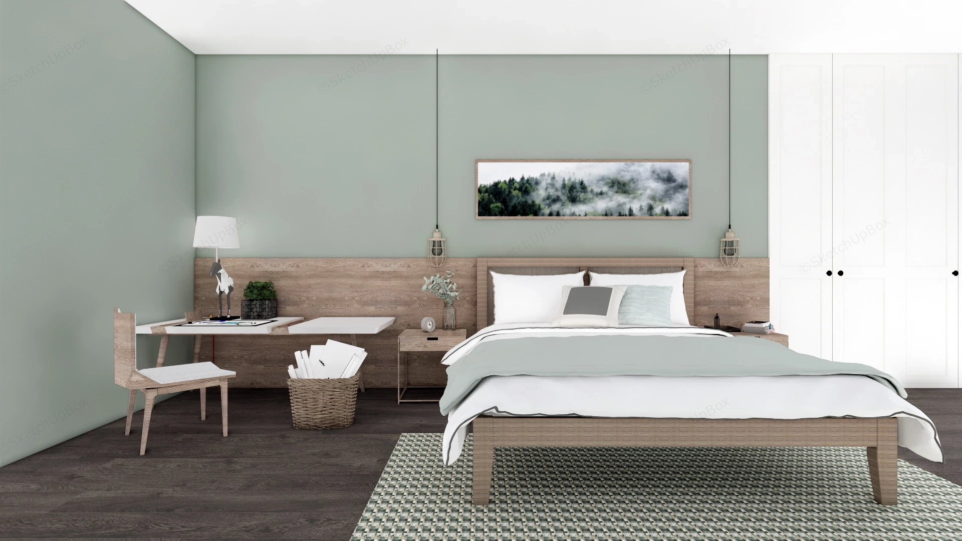 Serene Green And Wood Bedroom sketchup model preview - SketchupBox