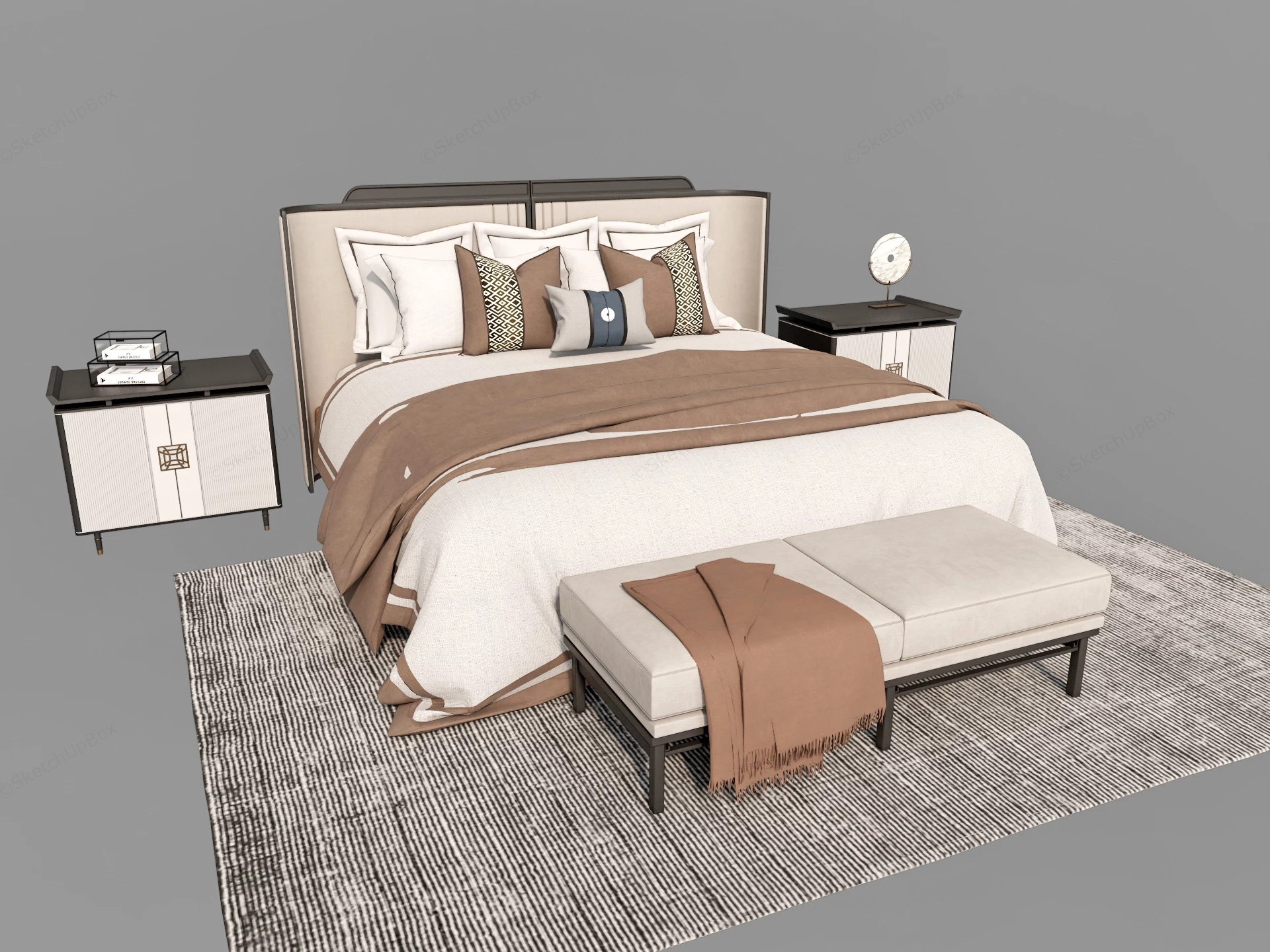 Oriental Style Bed And Nightstand Set sketchup model preview - SketchupBox