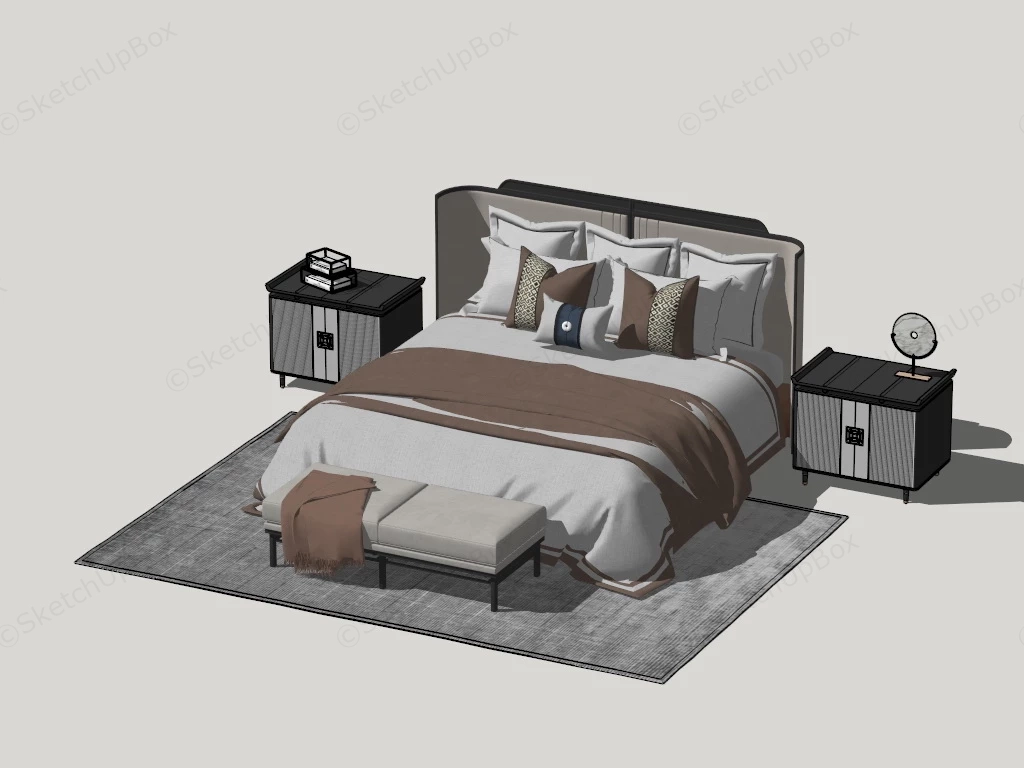 Oriental Style Bed And Nightstand Set sketchup model preview - SketchupBox