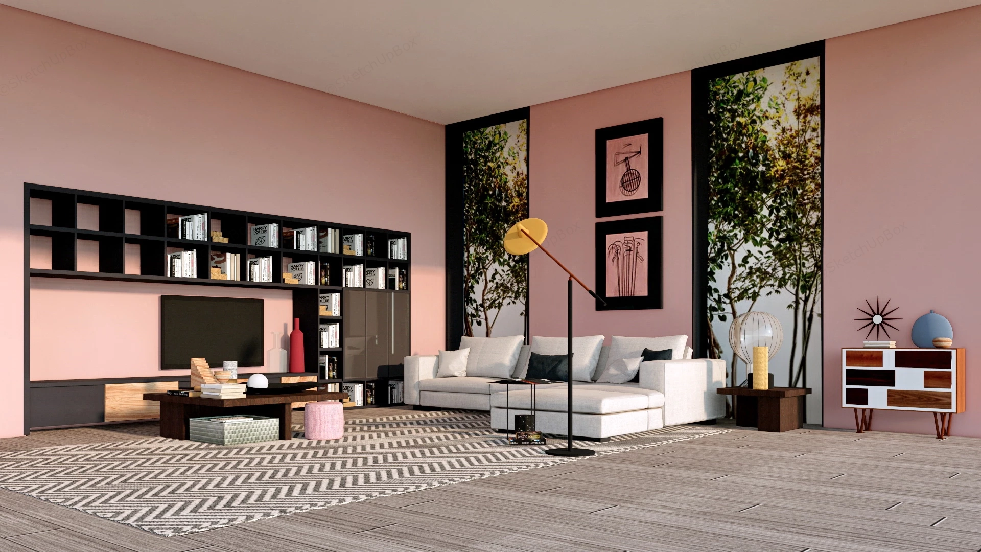 Elegant Pink Living Room sketchup model preview - SketchupBox