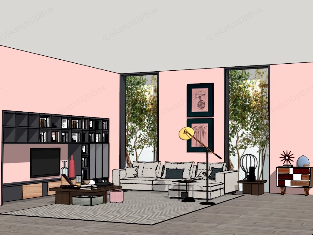 Elegant Pink Living Room sketchup model preview - SketchupBox