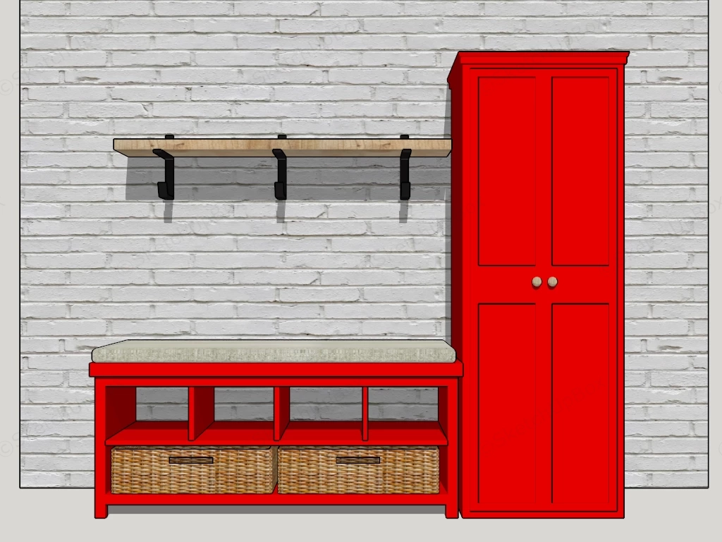 Red Mudroom Bench With Storage sketchup model preview - SketchupBox