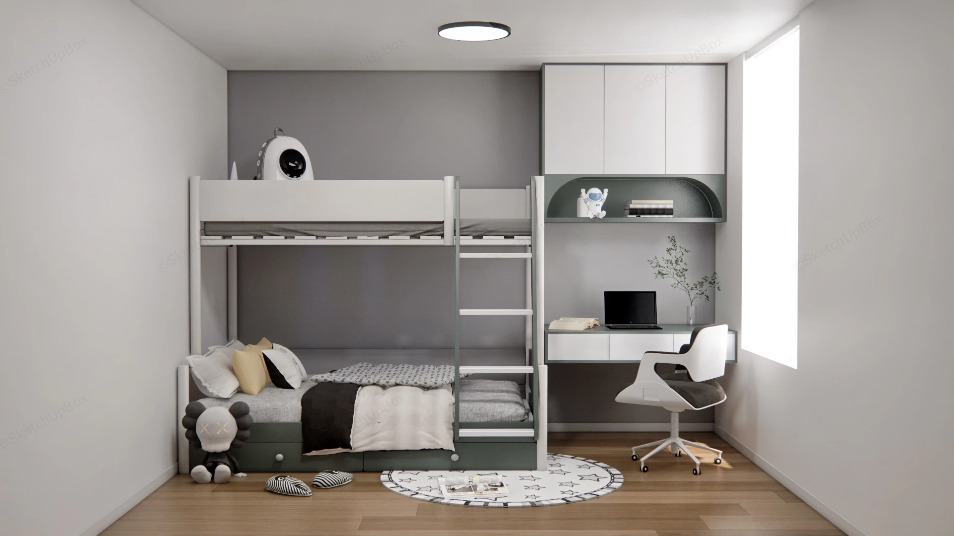 Twin Bunk Bedroom With Desk sketchup model preview - SketchupBox