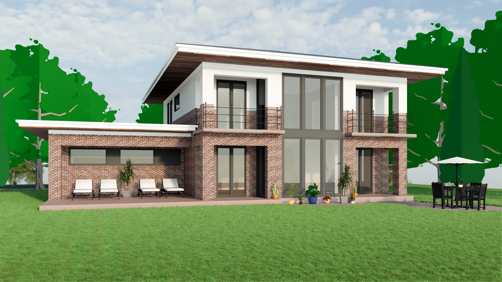2 Storey Modern Brick House sketchup model preview - SketchupBox