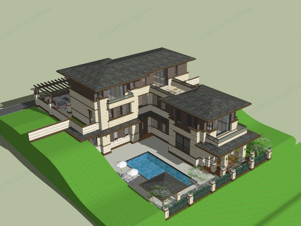 Prairie Style Villa sketchup model preview - SketchupBox
