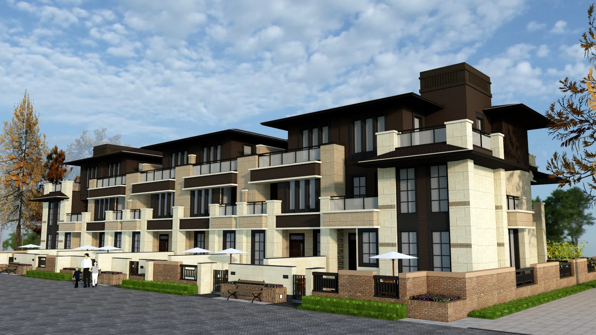 Prairie Style Row House sketchup model preview - SketchupBox