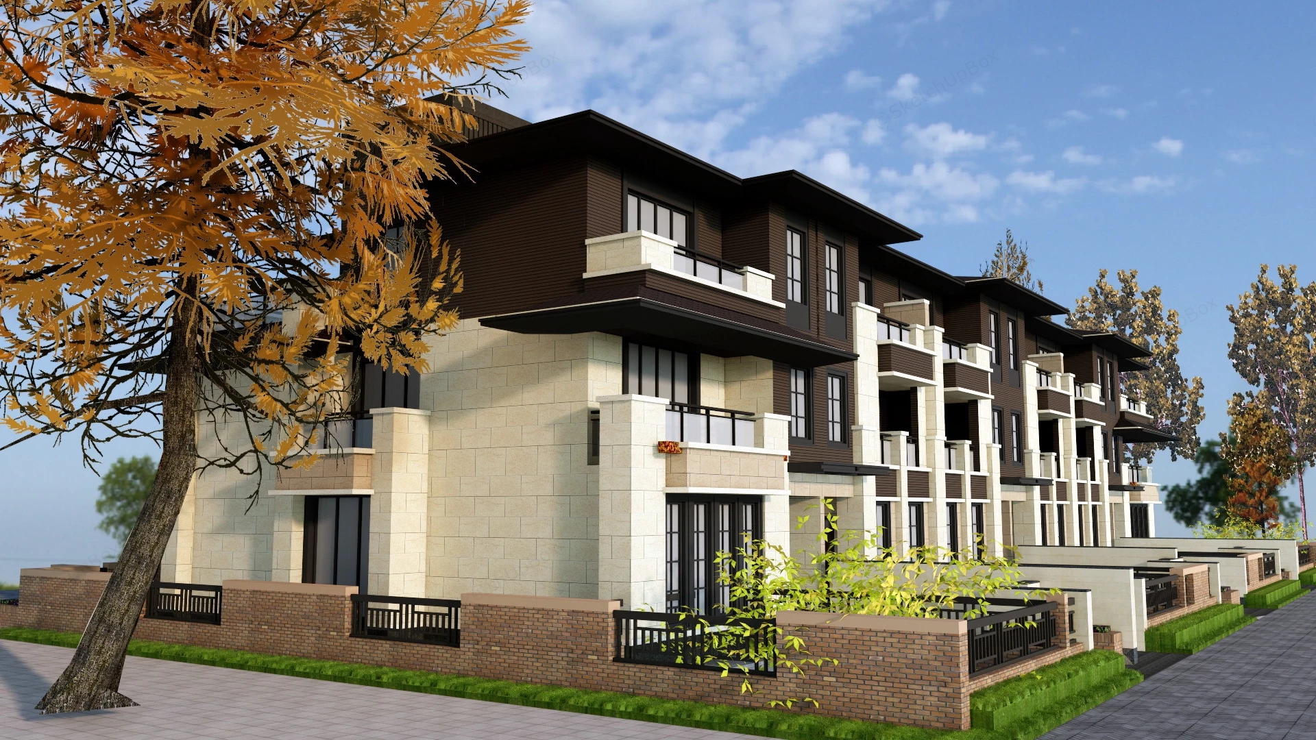 Prairie Style Row House sketchup model preview - SketchupBox