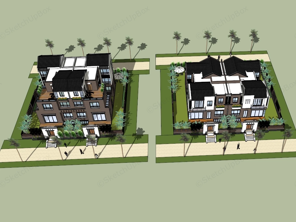 Contemporary Chinese Duplex Houses sketchup model preview - SketchupBox