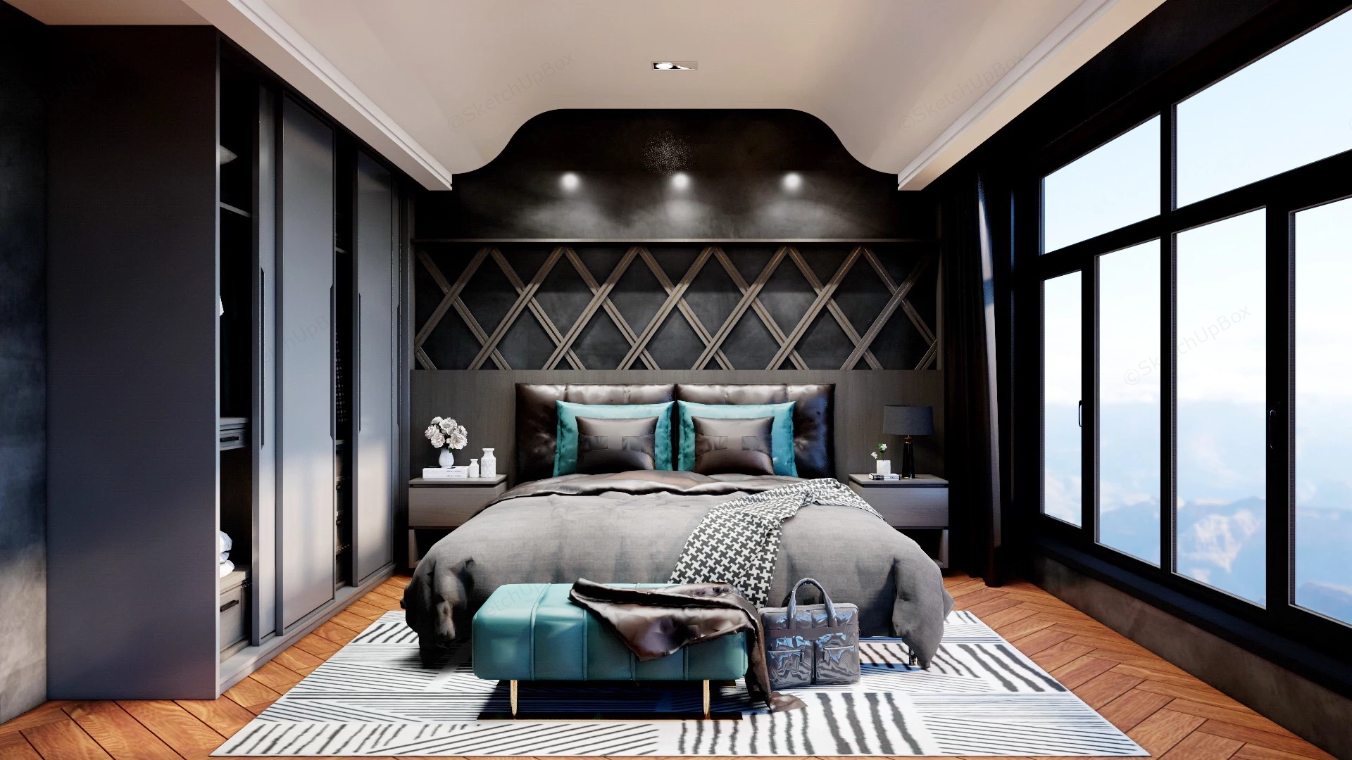 Dark Modern Bedroom sketchup model preview - SketchupBox