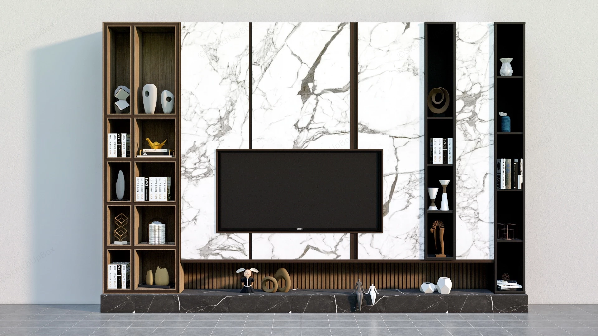 Modern Marble TV Wall With Bookshelf sketchup model preview - SketchupBox