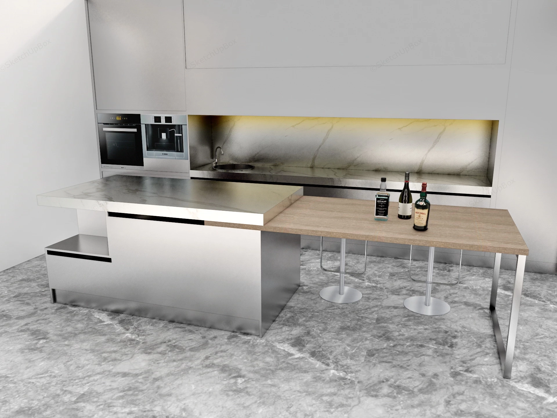 White Marble & Wood Kitchen Island sketchup model preview - SketchupBox